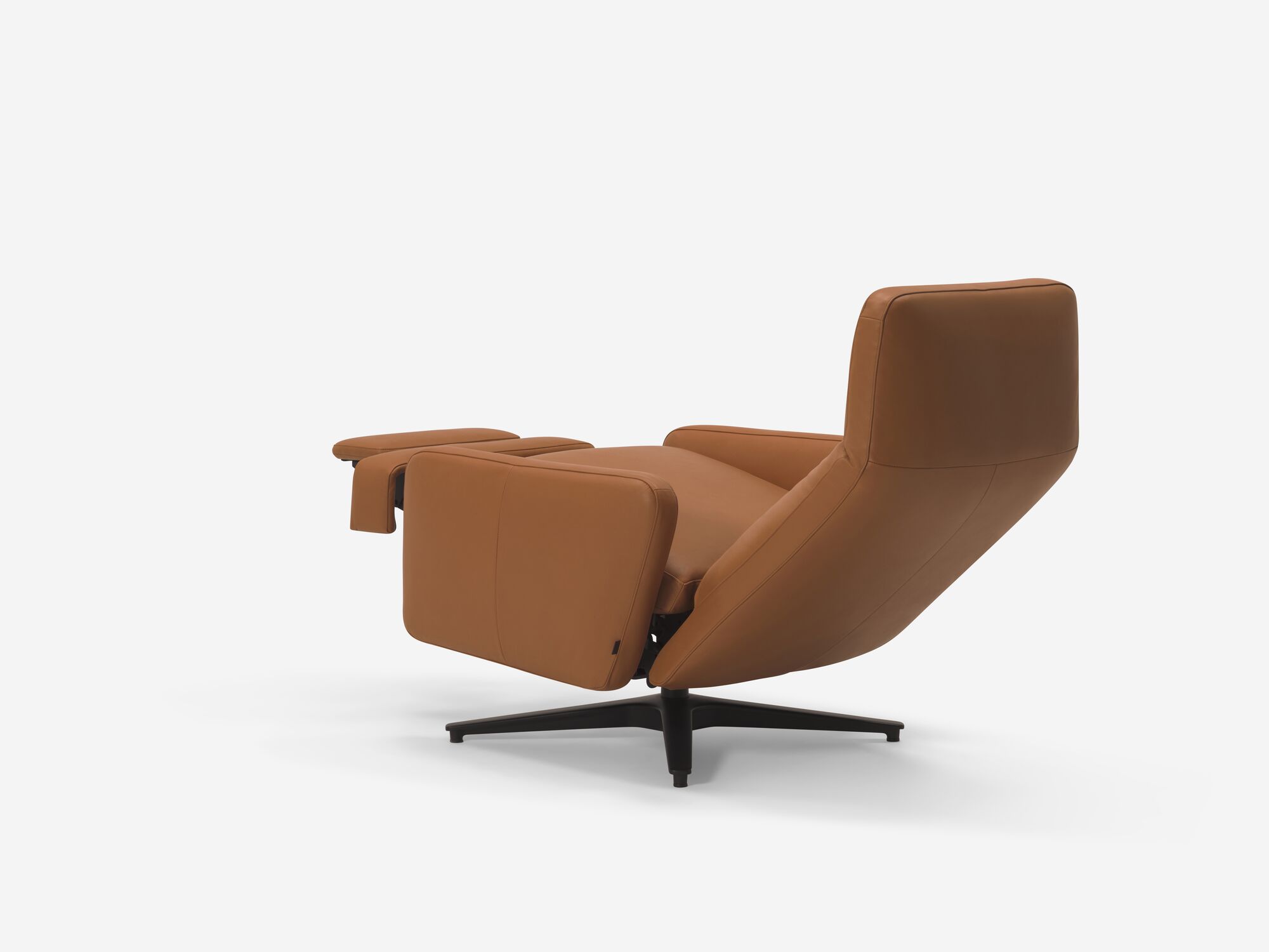 Brown leather reclining chair with seat reclined back angle view